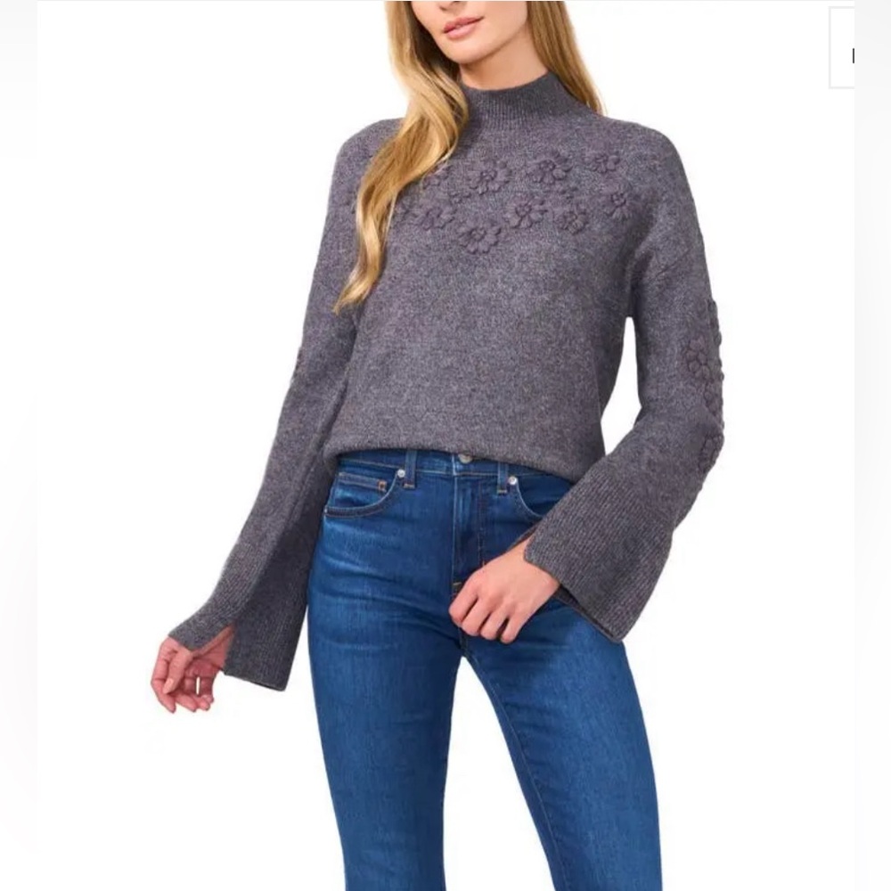 NWT CECE DUPRAZ Floral Embroidered Mock Neck Pullover Sweater, Size Medium